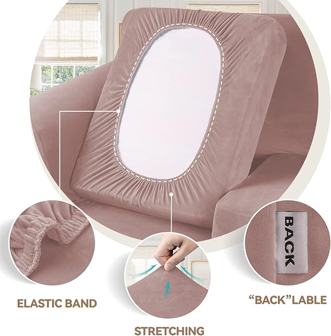 WEERRW Velvet Stretch Chair Sofa Slipcover - 2 Pieces Luxury Soft Velvet Plush Couch Cover Furniture Protector with Elastic Bottom for Pets, Machine Washable, Pink, Small