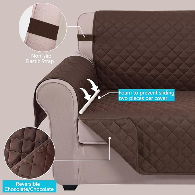 U-NICE HOME 4 Seater Sofa Cover 91 Inch Large Couch Covers for 4 Cushion Couch with Elastic Straps Water Resistant Furniture Protector Cover for Pets Cat (Sofa XX-Large, Chocolate/Chocolate)