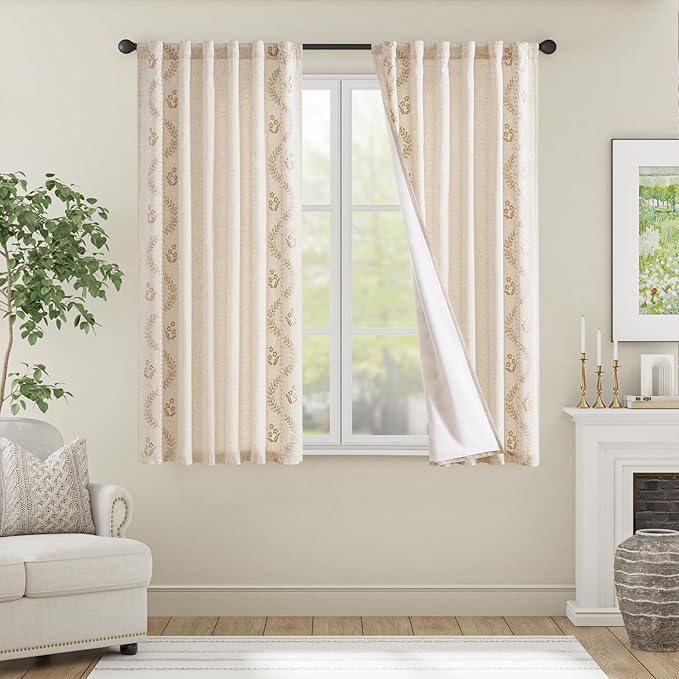jinchan Belrose Lined Linen Blend Curtains Boho Floral Curtains for Bedroom 63 Inch Length Beige Embroidered Drapes Rod Pocket Farmhouse Flower Drapes for Living Room Window Treatments Set 2 Panels