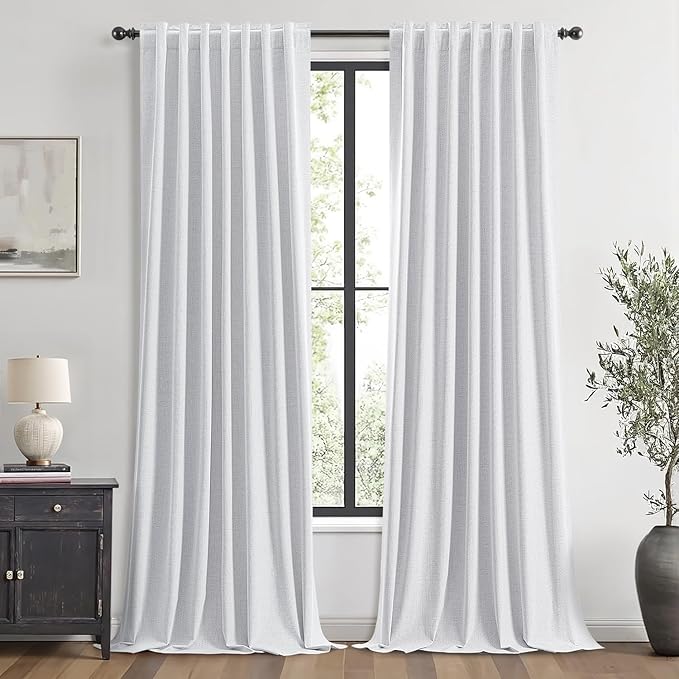 MIULEE 100% Blackout Linen Curtains for Bedroom, Grayish White Solid Luxury Decor Thermal Insulation Room Darkening Drapes for Living Room Nursery Back Tab Rod Pocket 42 x 96 Inches, 2 Panels