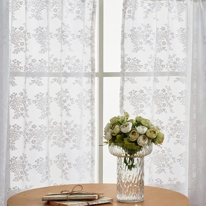 YJ YANJUN Vintage Lace Curtains 24 inch Length Victorian Floral Patterns Boho Cafe Half Curtains for Small Windows Basement Kitchen Bathroom 2 Panels 26" x 24" White
