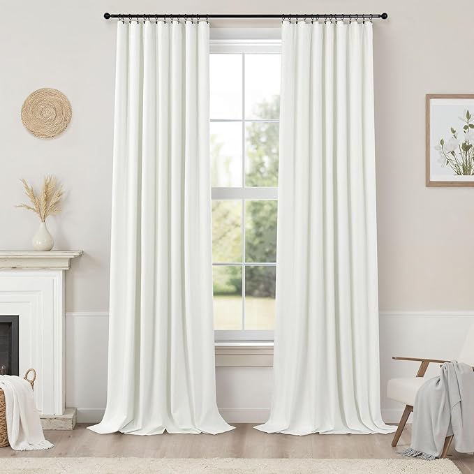 Pitalk Bedroom Blackout Curtains 63 Inches Long 2 Panel Thermal Curtain for Summer Heat Dining Living Room Darkening Back Tab Short Drapes for 62 Inch Window Length Boho Linen Textured Ivory Off White
