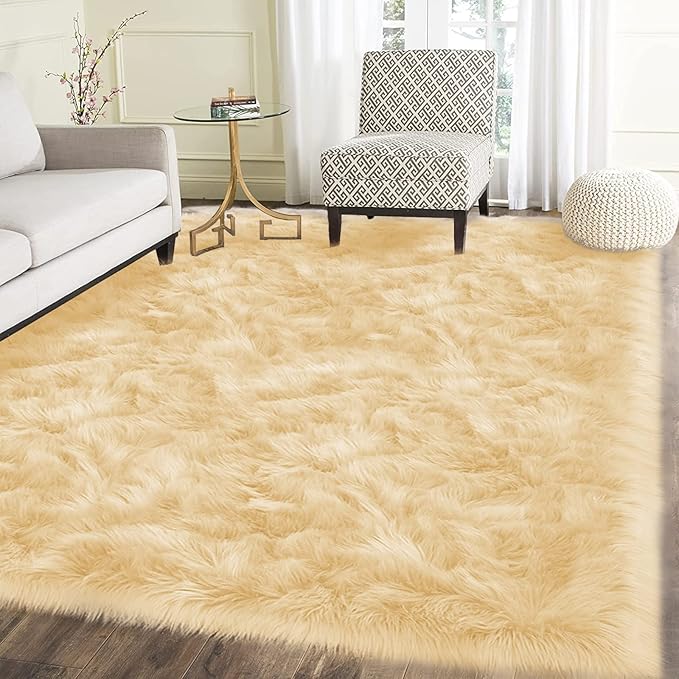 Latepis Yellow Area Rug for Living Room 6x9 Faux Fur Fluffy Rug Washable Sheepskin Rugs for Bedroom Boho Furry Rugs, Rectangle