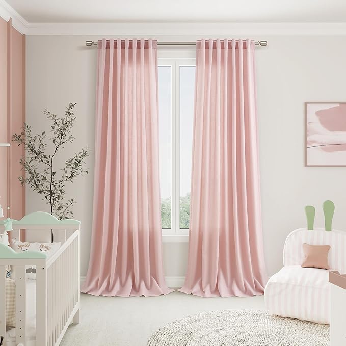 Nanspring Pink Linen Curtains 84 Inch Length 2 Panels Set for Baby Girl Bedroom Rod Pocket Back Tab Light Filtering Window Drapes for Kids Protect Privacy Home Decor 52x84