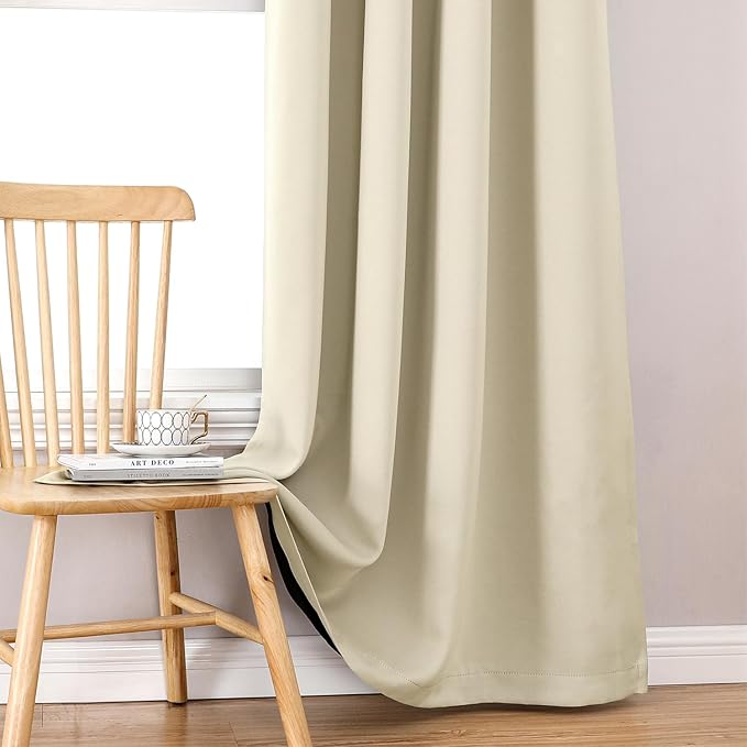 ChrisDowa 100% Blackout Curtains 90 inch Long for Bedroom with Black Liner, 2 Thick Layers Total Blackout Thermal Insulated Grommet Window Curtains 2 Panels Set (Light Beige, 52 x 90 Inch)