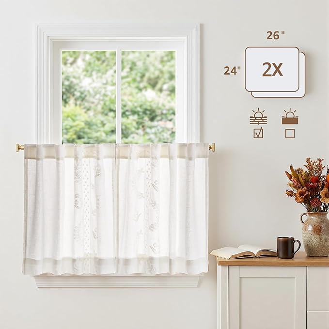 jinchan Belrose Linen Floral Kitchen Curtains 24 inch Length Embroidered Farmhouse Cafe Curtains for Living Room Bathroom Small Windows Curtain Set Sheer Light Filtering 2 Panels White