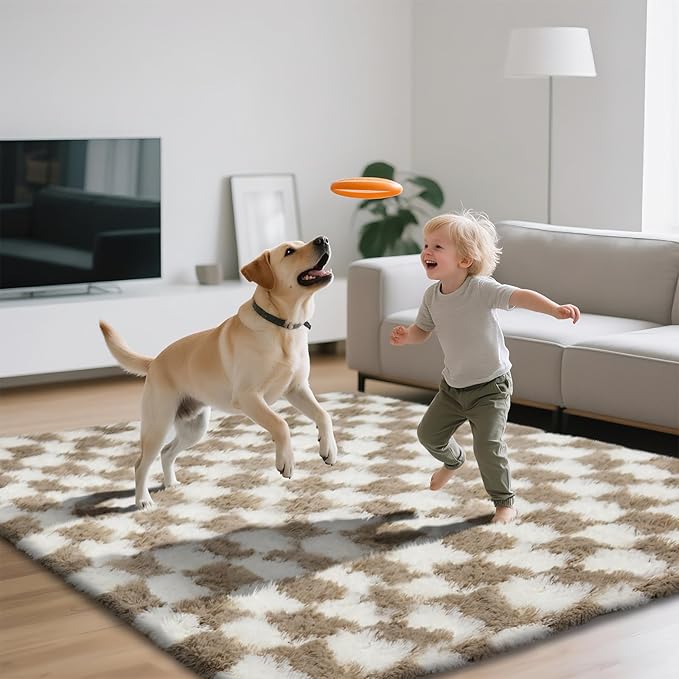 Checkered Area Rugs for Bedroom 5x8, Fluffy Beige and White Checkered Rug Fuzzy Shag Shaggy Carpets for Living Room, Soft Plush Furry Rug for Boy Girls Room Dorm Home Decor