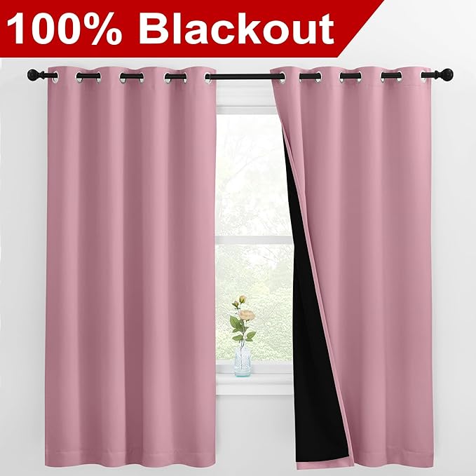 NICETOWN 100% Blackout Curtains with Black Liners, Thermal Insulated Full Blackout 2-Layer Lined Drapes, Energy Efficiency Window Draperies for Bedroom (Crystal Pink, 2 Panels, 55-inch W by 68-inch L)