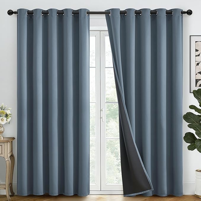 SimpleHome 100% Blackout Curtains for Bedroom,Thermal Insulated Stone Blue Grommet Window Drapes Room Darkening Curtains for Living Room with Black Back,62 x 84 Inch,2 Panels