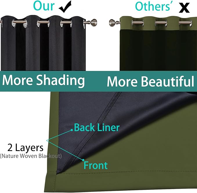 Yakamok 100% Blackout Curtains 96 Inches Long, 2 Thick Layers Heat and Full Light Blocking Soft Thermal Insulated Drapes for Bedroom(52" Wide Each Panel, Olive Green, 1 Panel)