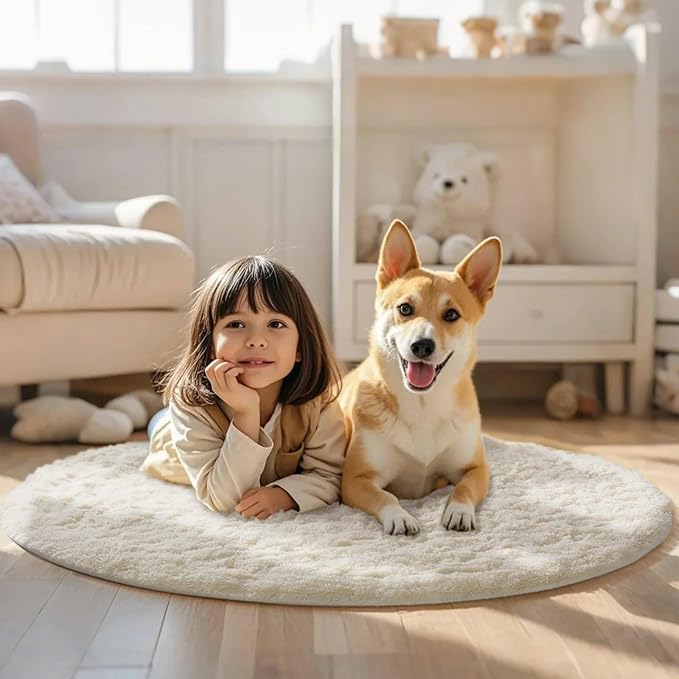 Ophanie Round Rug 4Ft Ivory Circle Area Rugs, Fluffy Fuzzy Small Bedroom Carpet 4 foot, Plush Shag Floor Cream Living Room Christmas Circular Aesthetic Decor for Kids Teen Boys Baby, Nursery,Classroom