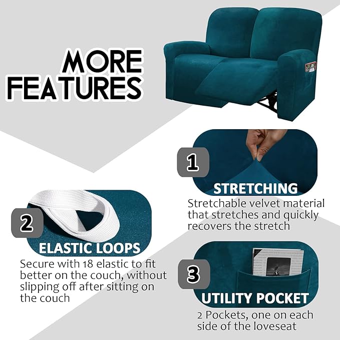ULTICOR Reclining Love Seat Slipcover, 48" - 65" L, 6-Piece Velvet Stretch Loveseat Reclining Sofa Covers, 2 seat Love seat Recliner Cover, Thick, Soft, Washable (Deep Teel)