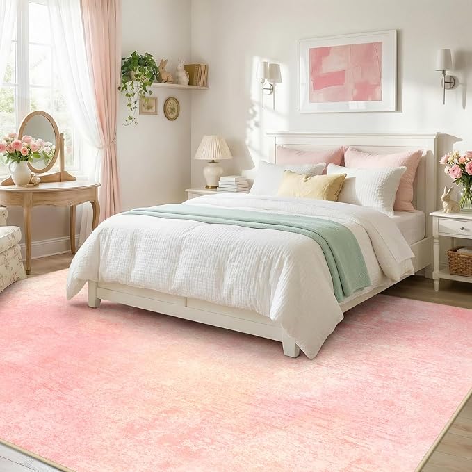 Washable Area Rugs 5'x7' Non-Slip Modern Abstract Soft for Living Room Entryway Bedroom Nursery, Print Pattern, Light Pink