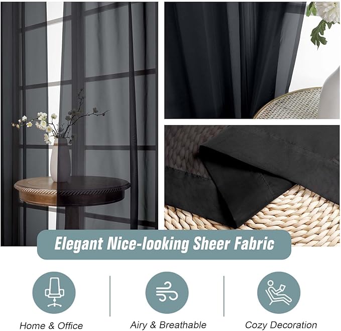 Halloween Black Sheer Curtains for Window 72 inches Long 2 Panels Set, Soft Airy Light Filtering Sheer Curtains for Living Room Bedroom, Dual Rod Pocket Solid Window Drapes, 2x42Wx72L inches