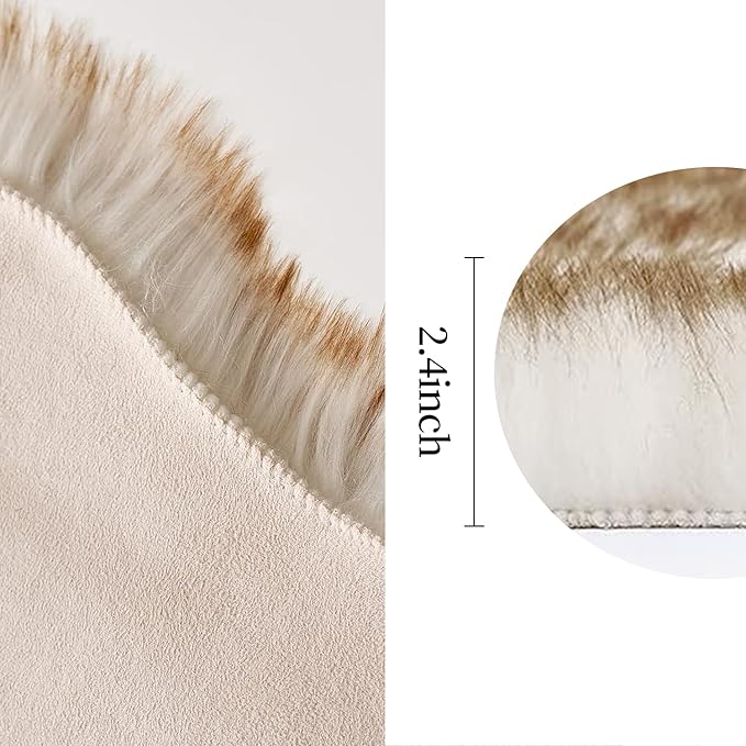 MIULEE 3x5 Feet Faux Fur Sheepskin Rug, Luxury Fluffy Area Rugs - Super Soft Decorative Shag Carpet for Bedroom, Living Room, and Nursery, White and Brown