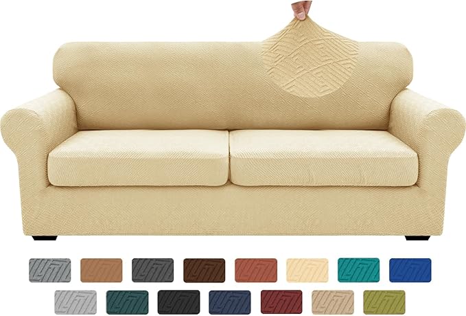 XINEAGE 2026 New 3 Pieces Couch Covers for 2 Extra Large Cushion Sofa Super Stretch Sofa Cover for 2 Large Seat Cushion Universal Loveseat Slip Cover for Living Room (Beige), 71"-91"(2 Cushions)