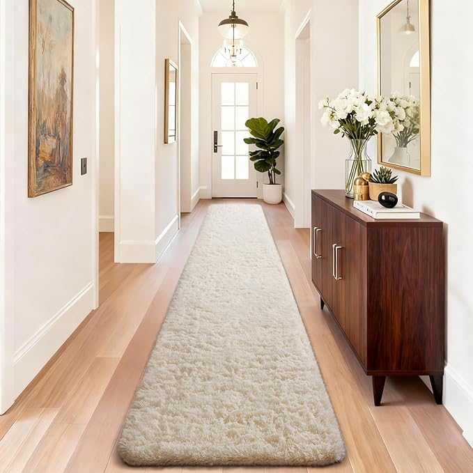 Ophanie 2x10 Runner Rug for Hallway, Upgrade Non-Slip Fluffy Soft Bedside Rugs, Bedroom Living Room Ivory Shaggy Carpet for Kids Girls Boys Dorm Nursery Home Decor Aesthetic