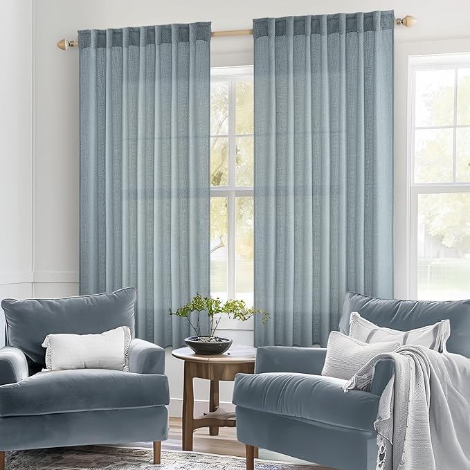 MIULEE Dusty Blue Linen Curtains 54 Inch Length 2 Panels for Bedroom Living Room, Soft Thick Linen Textured Natural Short Window Drapes Semi Sheer Light Filtering Back Tab Rod Pocket Burlap Look Decor