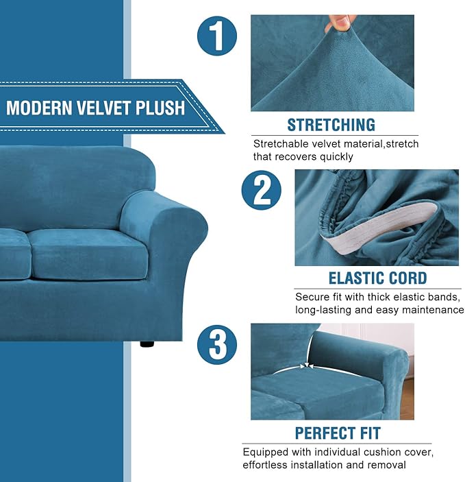 H.VERSAILTEX Modern Velvet Plush 4 Piece High Stretch Sofa Slipcover Sofa Cover Furniture Protector Form Fit Luxury Thick Velvet Sofa Cover for 3 Cushion Couch Width Up to 90 Inch (Sofa,Peacock Blue)