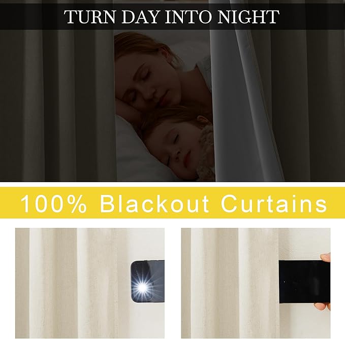 NICETOWN Natural Thick Linen Full Blackout Curtains for Living Room and Bedroom, W52 x L96, 2 Panels Bronze Grommet 2 Layers Window Treatment with White Liner Privacy Protection Sound Blocking