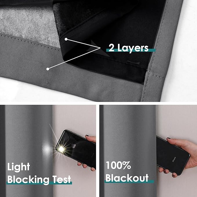 ChrisDowa 100% Blackout Curtains 72 inch Long for Bedroom with Black Liner, 2 Thick Layers Total Blackout Thermal Insulated Grommet Window Curtains 2 Panels Set (Grey, 42 x 72 Inch)