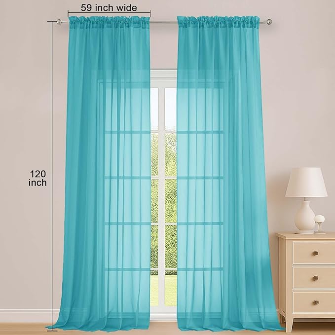 OWENIE Turquoise Sheer Curtains 120 Inches Long 2 Panels Set, Airy Lightweight Sheer Turquoise Curtain for Living Room Bedroom, Farmhouse Voile Filmy Rod Pocket Curtains Drapes, 2 Pcs, Each 59"Wx120"L