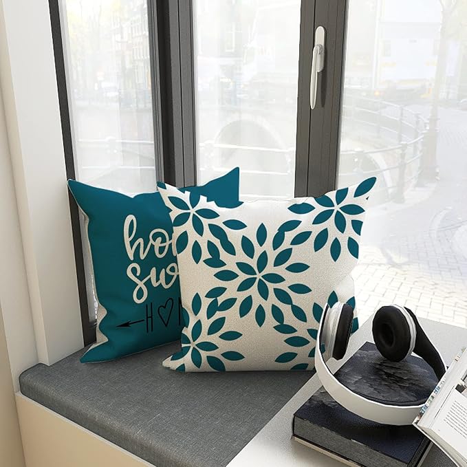 YCOLL Pillow Covers 16x16 Set of 4, Modern Sofa Throw Pillow Cover, Decorative Outdoor Linen Fabric Pillow Case for Couch Bed Car,Teal