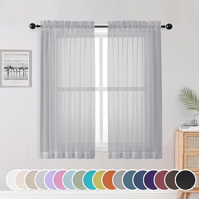 OWENIE Light Grey Sheer Curtains 54 Inch Length for Living Room Bedroom 2 Panels Set, Elegant Rod Pocket Airy Solid Curtains for Small Window, Soft Breathable Dining Room Curtains, 42Wx54L inch