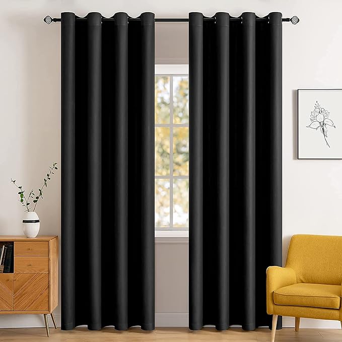 MIULEE Blackout Curtains Room Darkening Thermal Insulated Drapes Solid Window Treatment Set Grommet Top Light Blocking Curtain for Living Room/Bedroom 2 Panels 52 x 84 inch Black