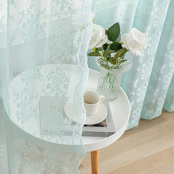 YJ YANJUN Vintage Lace Curtains 84 Inches Long-Victorian Floral Pattern Aqua Sheer Curtain Panels for Living Room Bedroom,Light Filtering, Memaid Beachy Drapes 2 Panels 52W x 84L Mint Green
