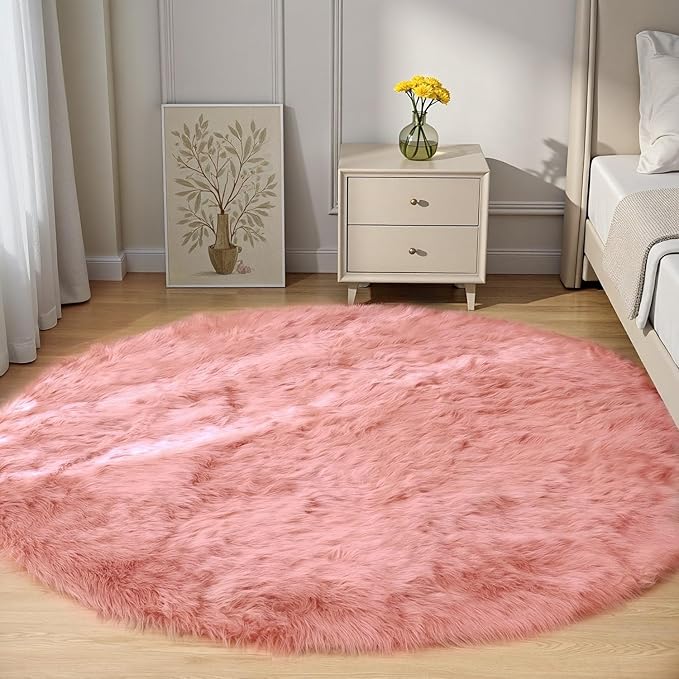 Goolela Pink Round Rug 6ft Circle Fluffy Fuzzy Furry Carpet for Girls Bedroom Faux Sheepskin Fur Plush Soft Washable