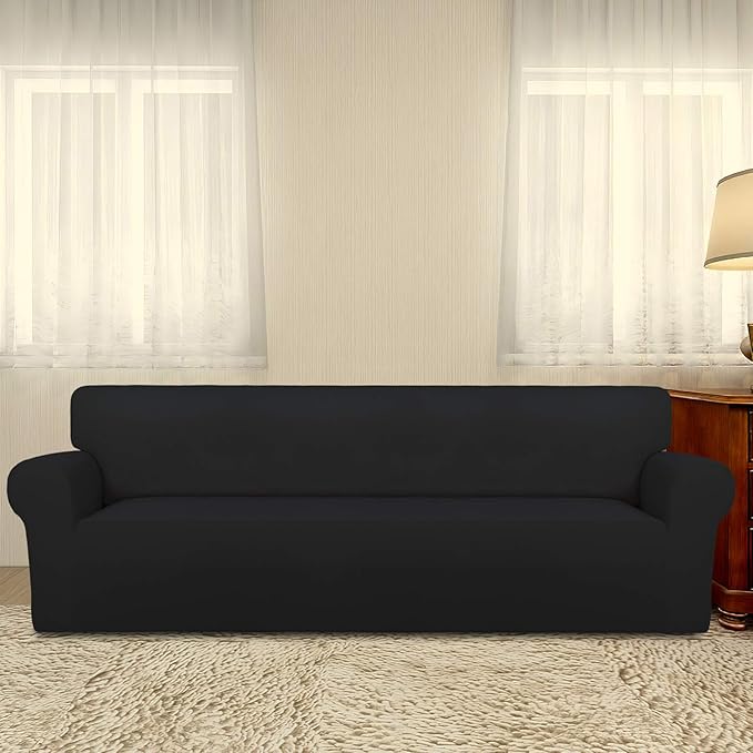 PureFit Super Stretch 4 Seater Sofa Slipcover – Spandex Non Slip Soft Couch Sofa Cover, Washable Furniture Protector with Non Skid Foam and Elastic Bottom for Kids, Pets （XX Large, Black）
