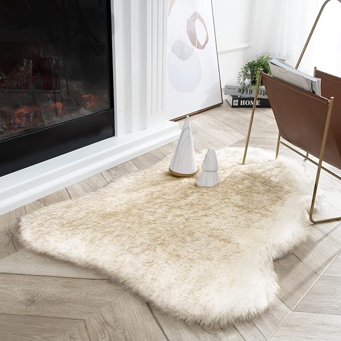 Ashler Ultra Soft Faux Fox Fur Rug White Brown Fluffy Area Rug, Carpets Fluffy Rug Chair Couch Cover for Bedroom Floor Sofa Living Room 2 x 3 Feet