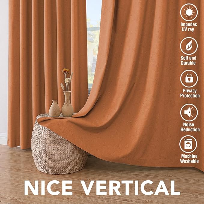 H.VERSAILTEX 100% Blackout Curtains for Bedroom Thermal Insulated Linen Textured Curtains Heat and Full Light Blocking Drapes Living Room Curtains 2 Panel Sets, Orange, 52x45 Inch