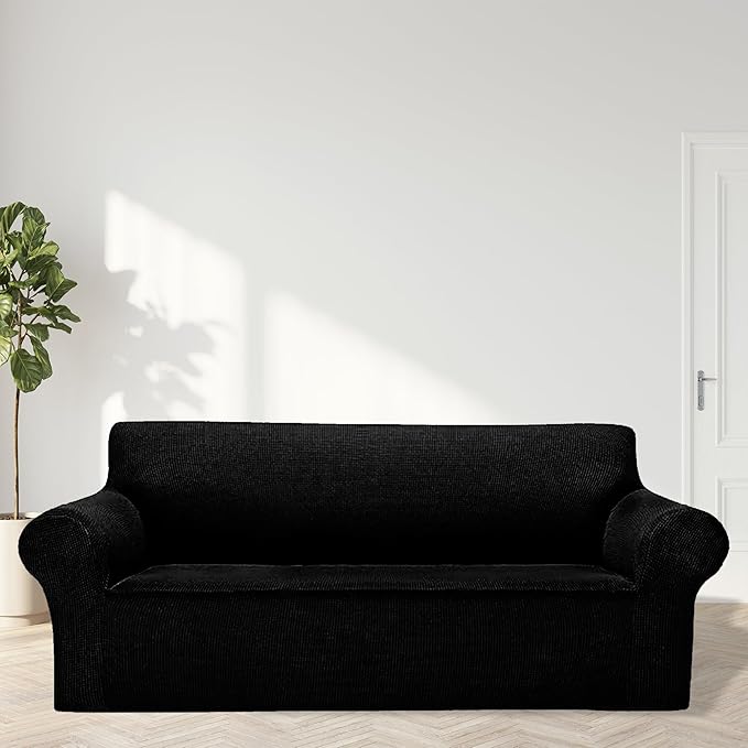 Cupuamon 2026 New Stretch Oversized Sofa Slipcovers Couch Sofa Cover for 4 Seater Furniture Protector Covers with Elastic Bottom Jacquard Fabric Small Checks for Pets, Kids - Black
