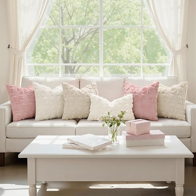 decorUhome Beige Bow Pillow Covers Set of 2 Coquette Aesthetic Cute Preppy Plush Faux Pillowcases for Girly Bedroom or Couch 16x16 Inch