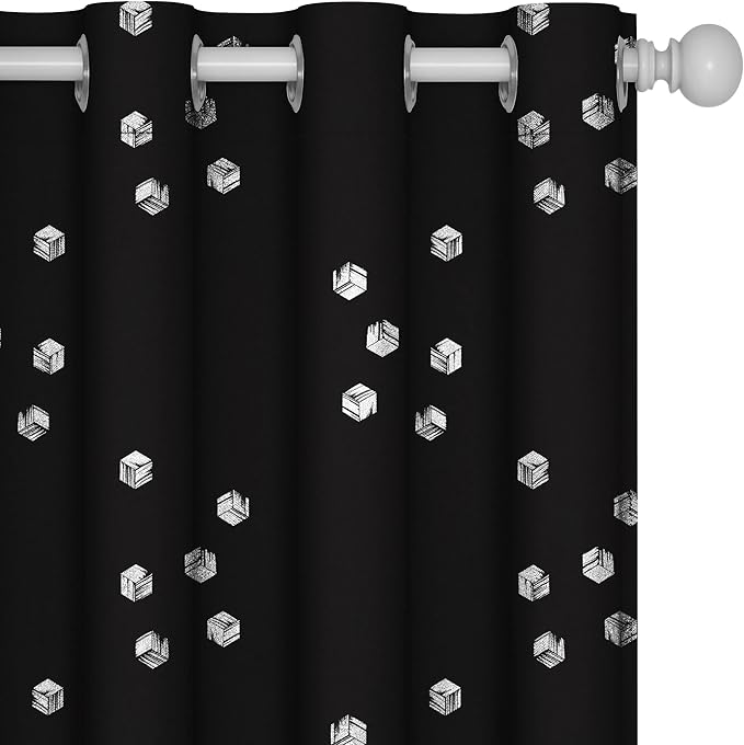 Deconovo Designer Series Silvery Cubic Printed Blackout Curtains for Bedroom Living Room Sliding Door, Thermal Insulated Soundproof Window Drapes, Black, 52W x 95L Inch, 2 Panels