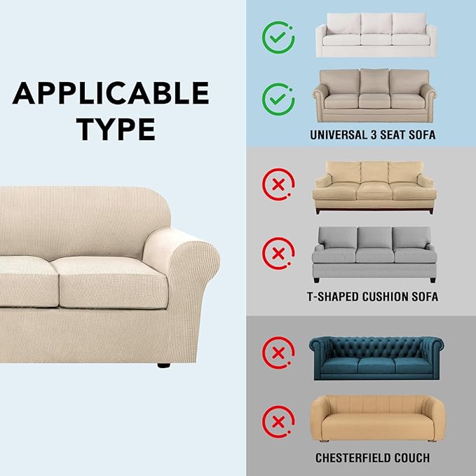 H.VERSAILTEX 4 Piece Stretch Couch Covers for 3 Cushion Couch Sofa Furniture Slipcovers Feature Upgraded Thicker Jacquard Fabric (Sofa, Natural)