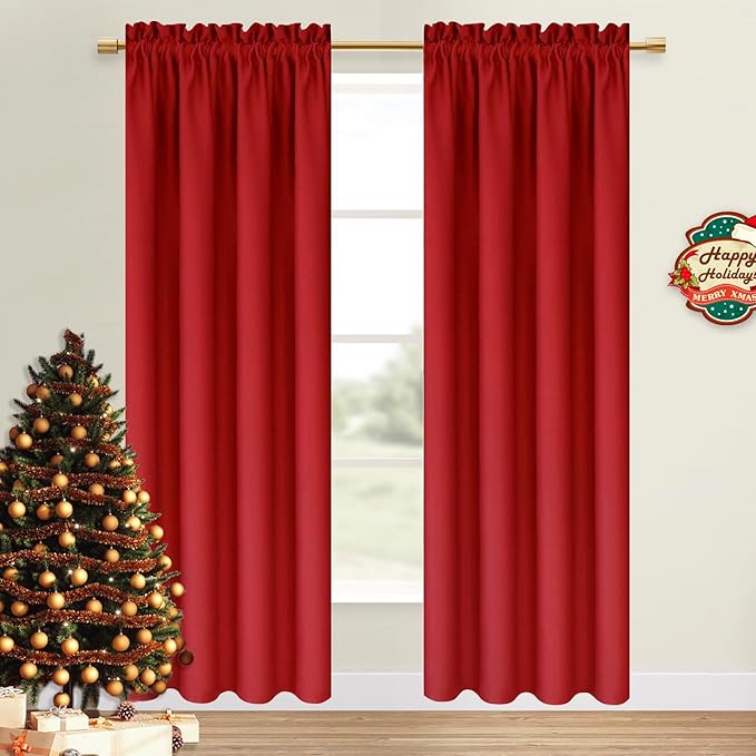 DWCN Christmas Blackout Curtains Room Darkening Thermal Insulated Bedroom Curtains Window Curtain Panels, 52 x 84 inches Long, Set of 2 Red Rod Pocket Drapes