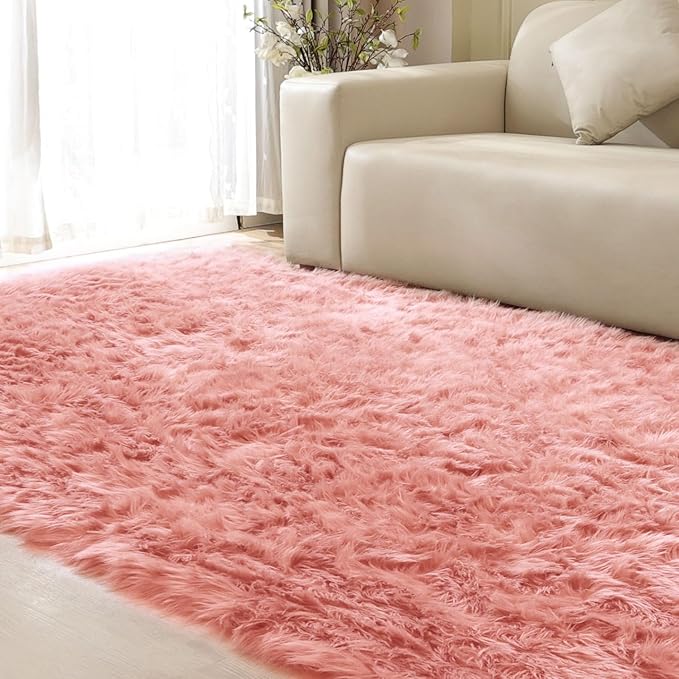 ORINOVA Plush Living Room Rugs 6x9 Rugs for Kids Room Pink Washable Faux Sheepskin Fuzzy Fur Rug for Bedroom Large Fluffy Nursery Rug