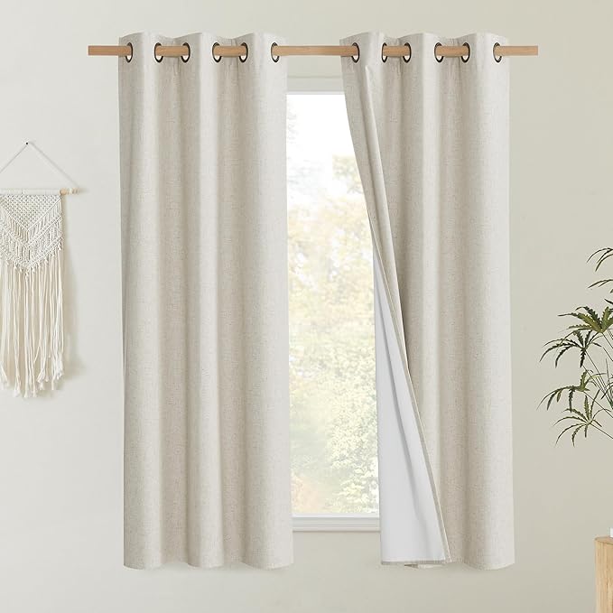NICETOWN Natural Thick Linen Blend 100% Blackout Curtains 60" Long 2 Panels Set for Bedroom, 34" Wide, Rustic Grommet Thermal Insulated Flax Textured Full Blackout Window Draperies with White Liners
