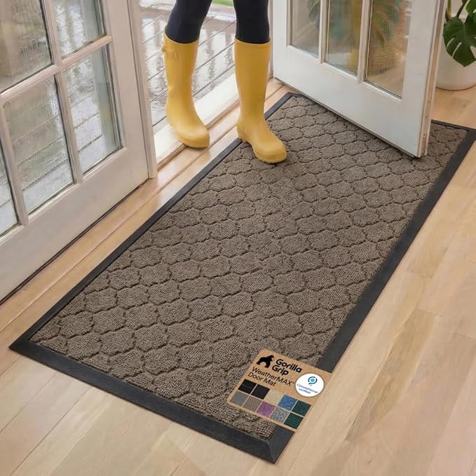 GORILLA GRIP 100% Waterproof All-Season WeatherMAX Doormat, 60x24, US Designed Natural Rubber, Stain and Fade Resistant, Low Profile Indoor Outdoor Door Mats, Easy Clean Patio Mat, Latte Quatrefoil