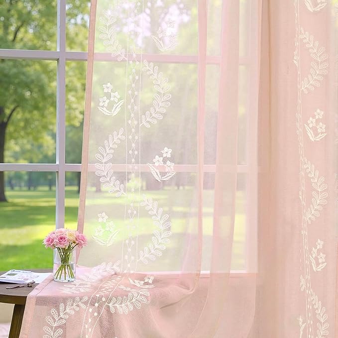 jinchan Belrose Pink Floral Sheer Curtains for Living Room 96 Inch Long Voile Embroidered Farmhouse Curtains for Bedroom Ivory Flower Patterned Rod Pocket Window Treatments, 2 Panels Pink