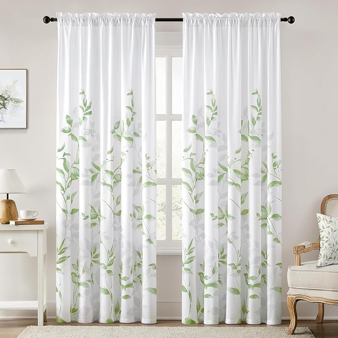 HOMEIDEAS Non-See-Through Sage Green and White Privacy Sheer Curtains 52 X 84 Inch Length 2 Panels, Leaf Floral Printed Light Filtering Semi Sheer Window Curtains Drapes for Bedroom Living Room