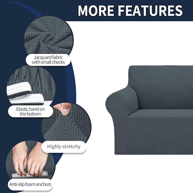 Cupuamon 2026 New Stretch Chair Sofa Slipcovers Couch Cover for 1 Seater Furniture Protector Sofa Covers with Elastic Bottom Jacquard Fabric Small Checks for Pets, Kids - Grey