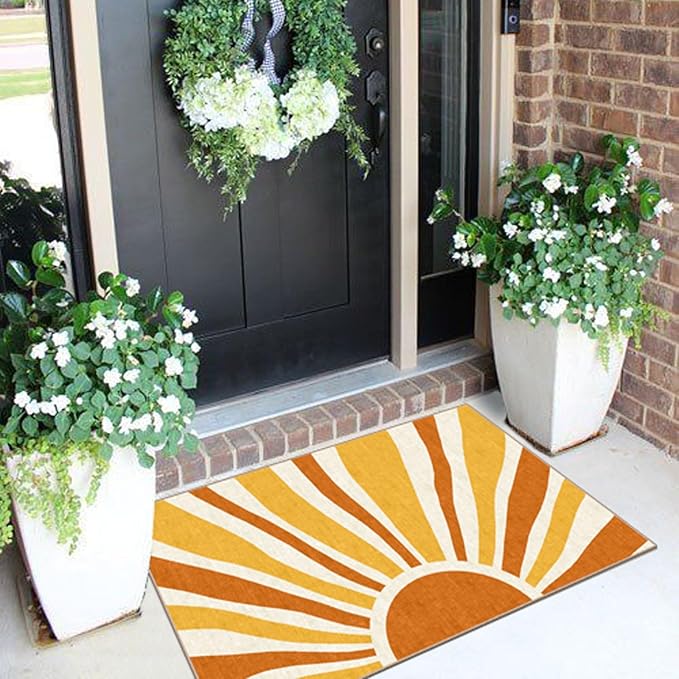 Front Door Mat Outside Entrance - 2x3 Boho Non-Slip Washable Doormat Indoor Outdoor Mat Orange Modern Retro Sun Entry Rug Small Throw Rugs for Entryway Bedroom Kitchen Front Porch Decor
