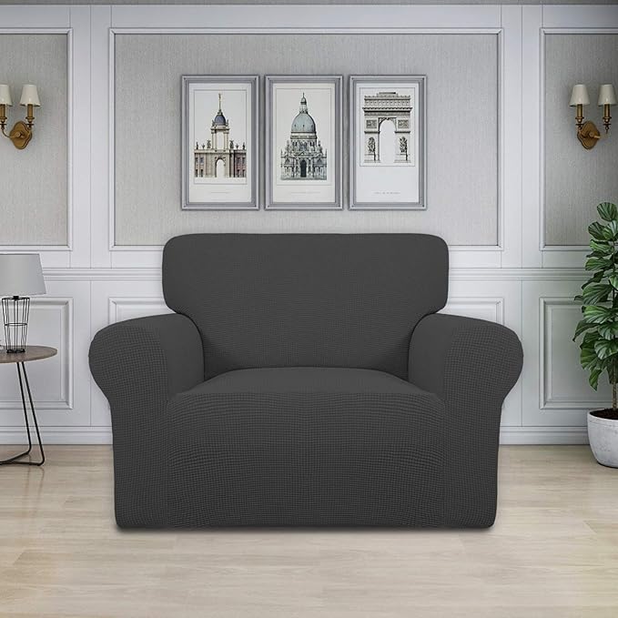 Easy-Going Stretch Oversized Chair Sofa Slipcover 1-Piece Couch Sofa Cover Furniture Protector Soft with Elastic Bottom for Kids Spandex Jacquard Fabric Small Checks Dark Gray