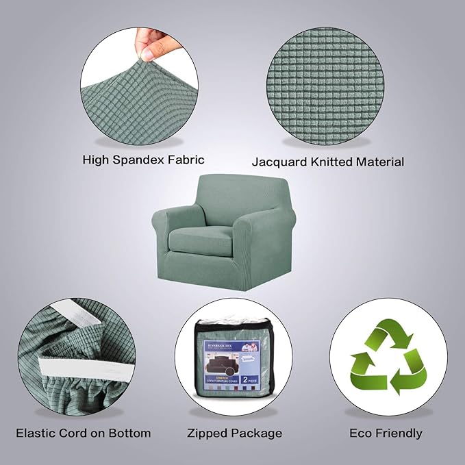 H.VERSAILTEX 2-Piece Spandex Stretch Sofa Slipcover for Chair, Anti-Slip Rich Lycra Knitted Jacquard Sofa Cover Machine Washable Furniture Protector, Solid Cyan, 1 Seater