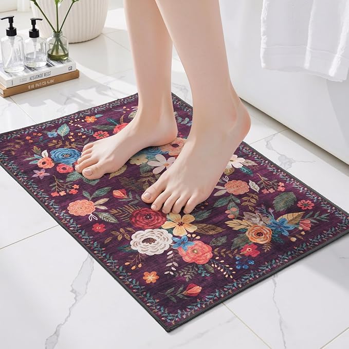 Area Rugs 24x17 Inch Home Decor Entry Rug, Small Door Mat Bath Mats for Bathroom, Ultra-Thin Non Slip Floral Low Pile Tub Mat for Sink Shower Doorway Tub Kitchen Sink(2 x 1.4 ft, Purple)