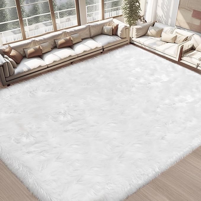 Ciicool White Faux Fur Rug 8 x 10 Feet, Large Fluffy Carpet, Faux Fur Sheepskin Rugs for Living Room, Shaggy Washable Rug for Bedroom, Luxury Room Decor, Fuzzy Rugs, Rectangle